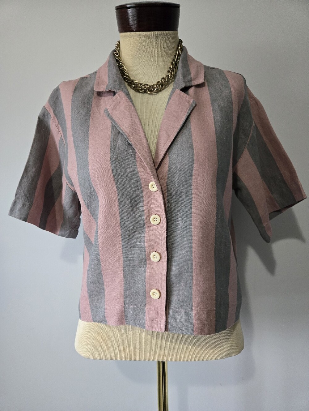 Madewell 100%  Linen Pink & Gray Resort Shirt With Vertical Stripes. Medium